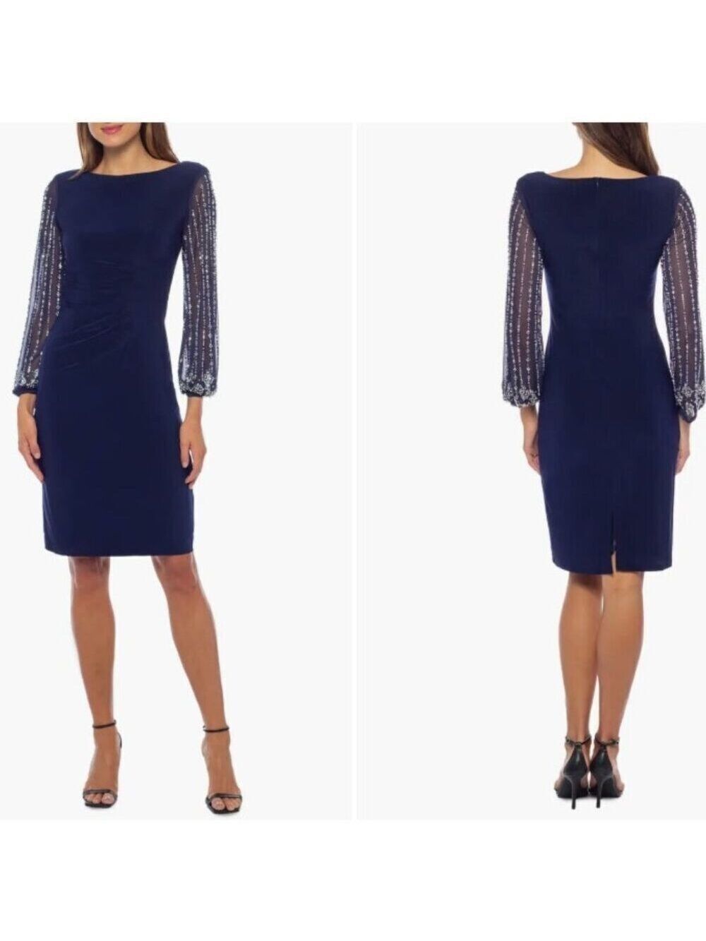 MARINA Womens Navy Dress with Embellished Long Sleeves Ruched Size 8 Knee Length